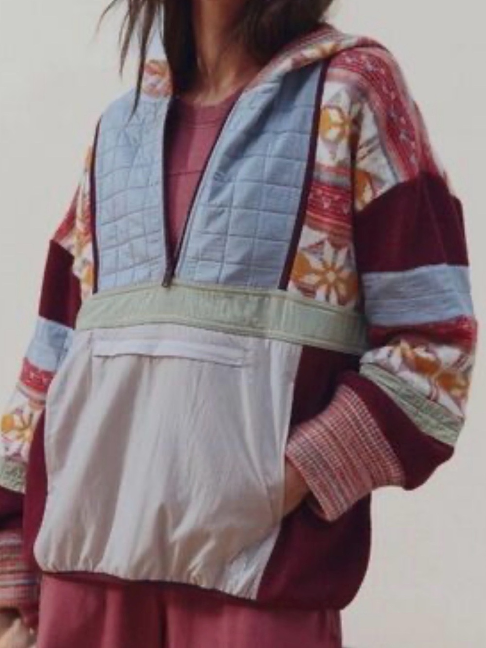 Quilted Patchwork Hooded Pullover Jacket - Burgundy / Light Blue